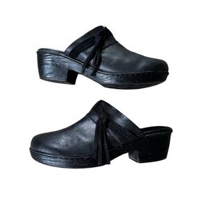 B.O.C. Fringe Clogs Black Size 10M Slip Mules On Open Back Chunky Heel Shoe